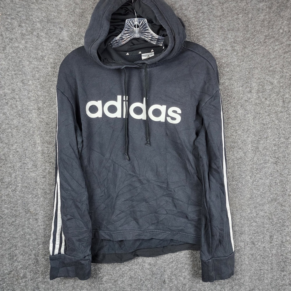 Adidas Hoodie Women Large Black‎ 3-Stripe Logo Cropped Pullover Sweatshirt